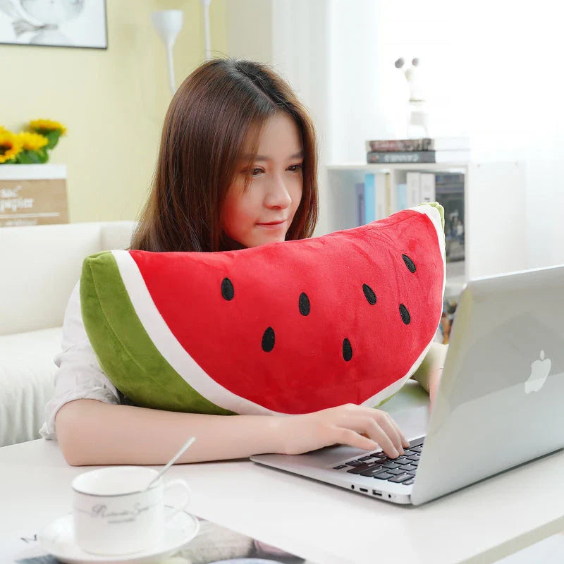 A lifelike plush watermelon toy with a soft, cuddly design that is perfect for children and adults.