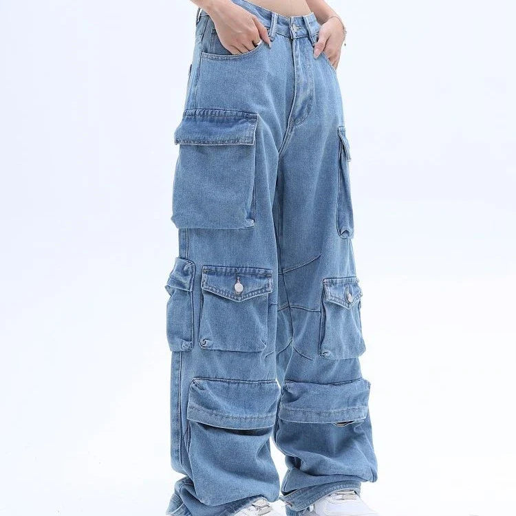 American High Street Multi-pocket Washed Baggy Jeans in Blue, featuring a relaxed, baggy fit and multiple pockets for functional style.