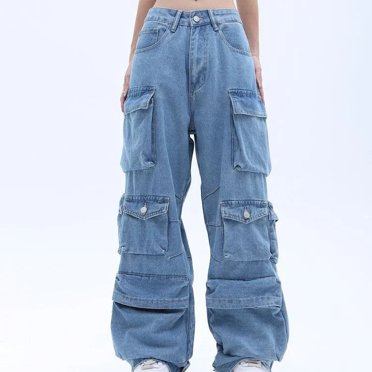 American High Street Multi-pocket Washed Baggy Jeans in Blue, featuring a relaxed, baggy fit and multiple pockets for functional style.