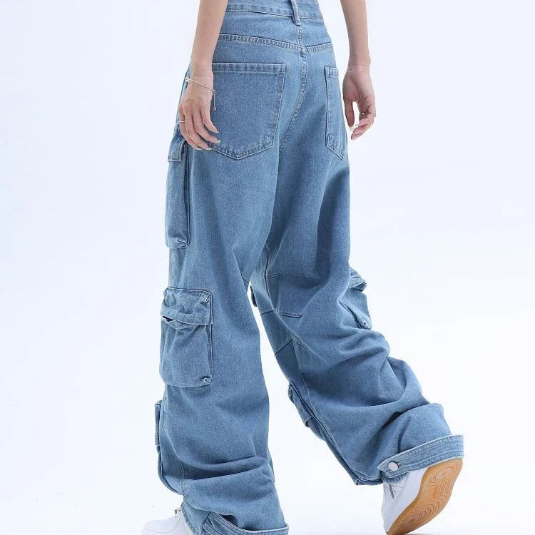 American High Street Multi-pocket Washed Baggy Jeans in Blue, featuring a relaxed, baggy fit and multiple pockets for functional style.