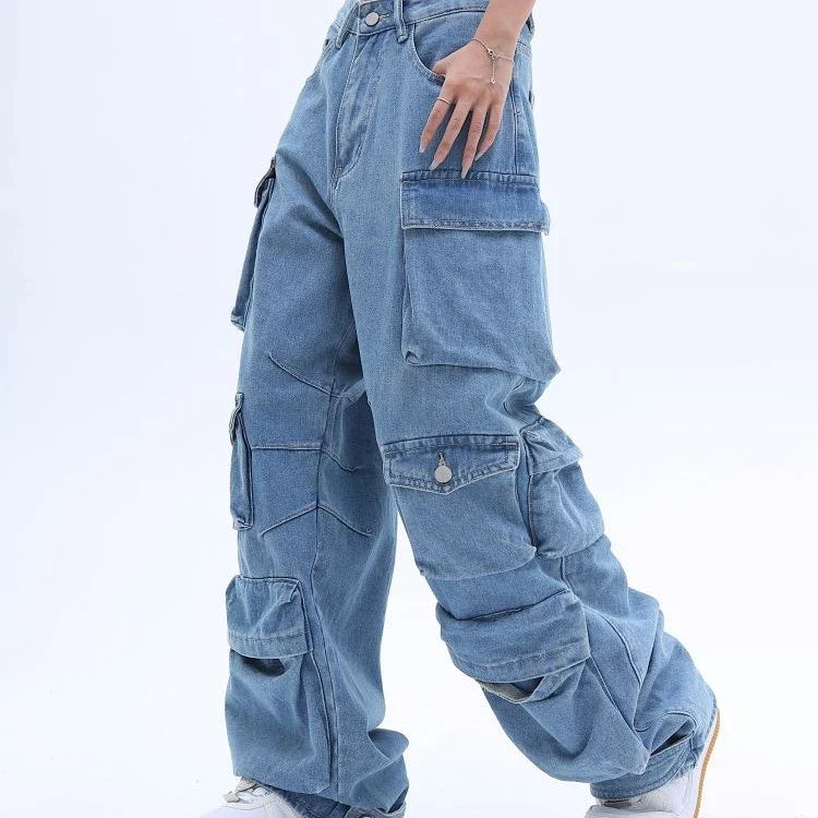 American High Street Multi-pocket Washed Baggy Jeans in Blue, featuring a relaxed, baggy fit and multiple pockets for functional style.
