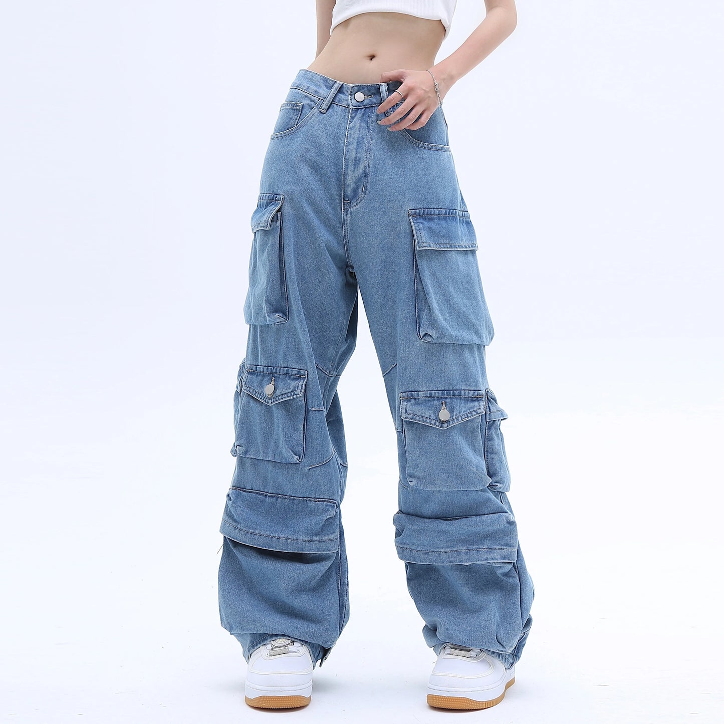 American High Street Multi-pocket Washed Baggy Jeans in Blue, featuring a relaxed, baggy fit and multiple pockets for functional style.