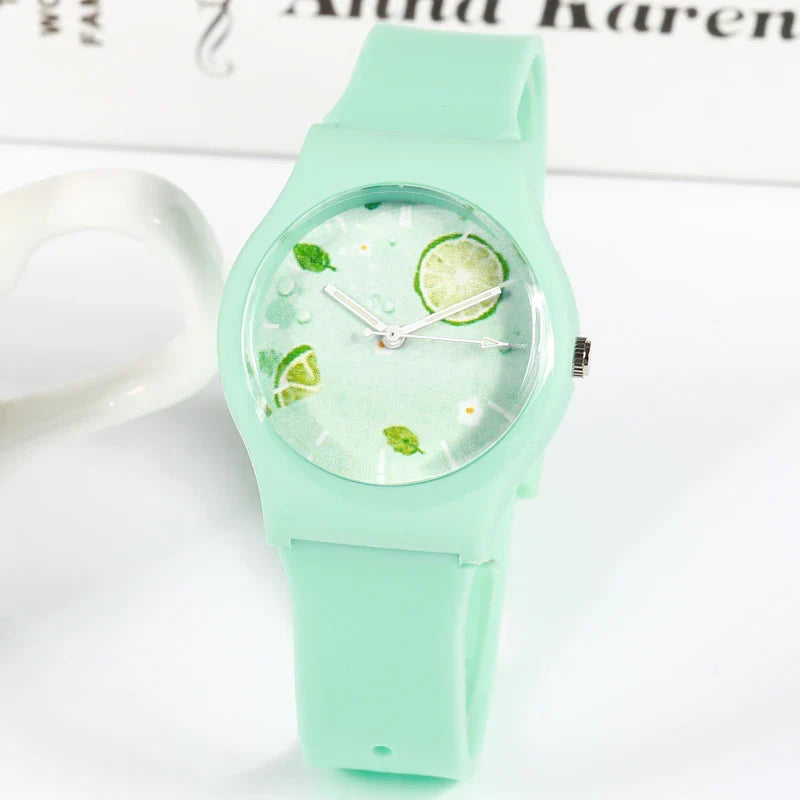 A children's wristwatch with a vibrant lemon-inspired design, featuring a waterproof casing and luminous dial for easy time-telling.