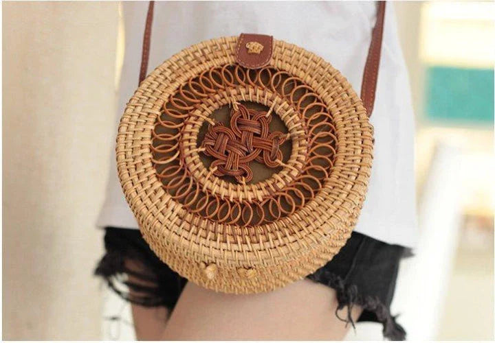 Rattan hand-woven bag with Chinese knot design, showcasing natural material and traditional craftsmanship
