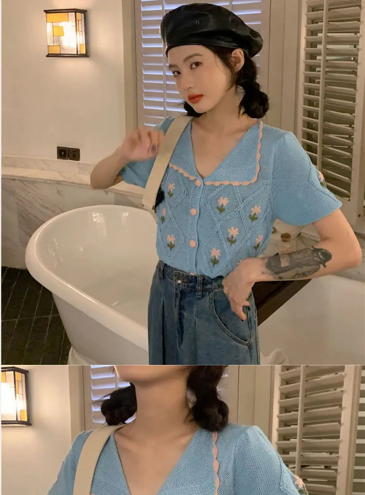 French-inspired short-sleeved cardigan with embroidered details in summer yellow and sky blue colours
