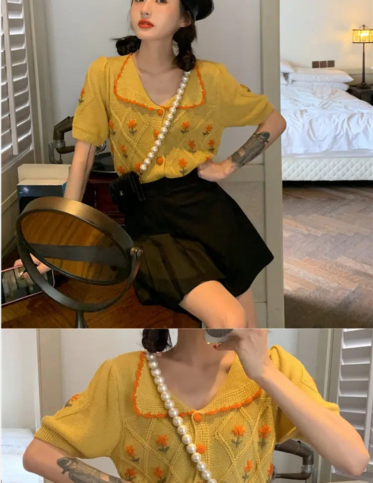 French-inspired short-sleeved cardigan with embroidered details in summer yellow and sky blue colours