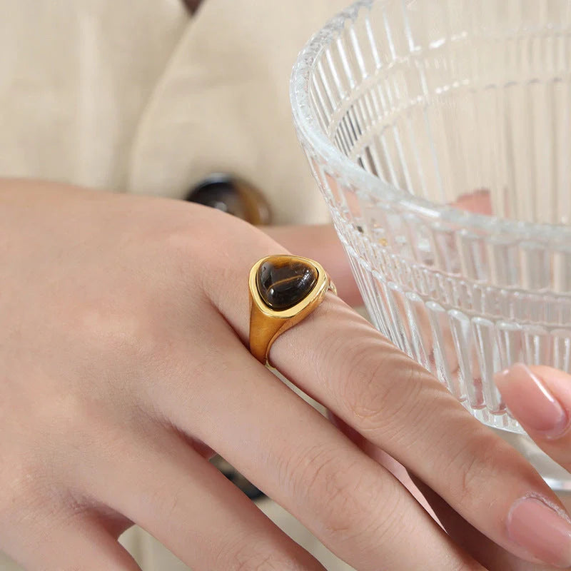 Elegant titanium steel ring with natural stones in various colours and styles, perfect for unisex wear