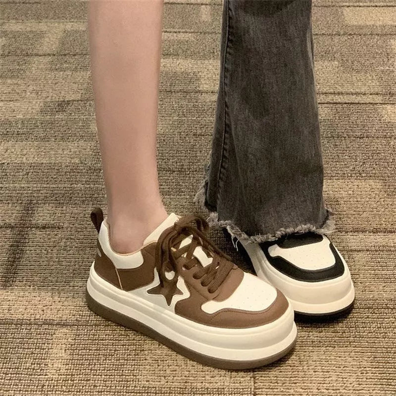 Women's Star Round Head Heightening Sneakers in black and khaki