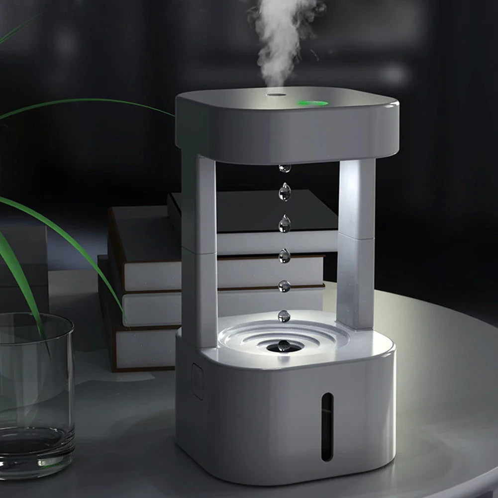 Anti-gravity humidifier with mesmerizing water droplets, designed for portable and quiet operation in home, office, or yoga studio