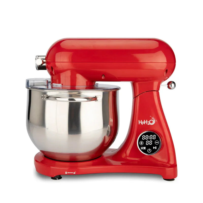 Red 1800W stand mixer with 8L stainless steel bowl, metal body, digital control, and three mixing attachments.