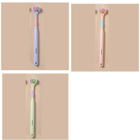 A soft bristle toothbrush with a unique triple-sided brush head for deep cleaning and customizable bristle firmness.