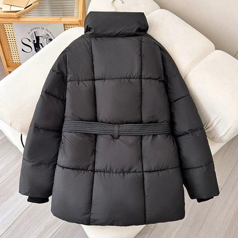 Stylish plaid belted winter coat for women in black, white, and brown