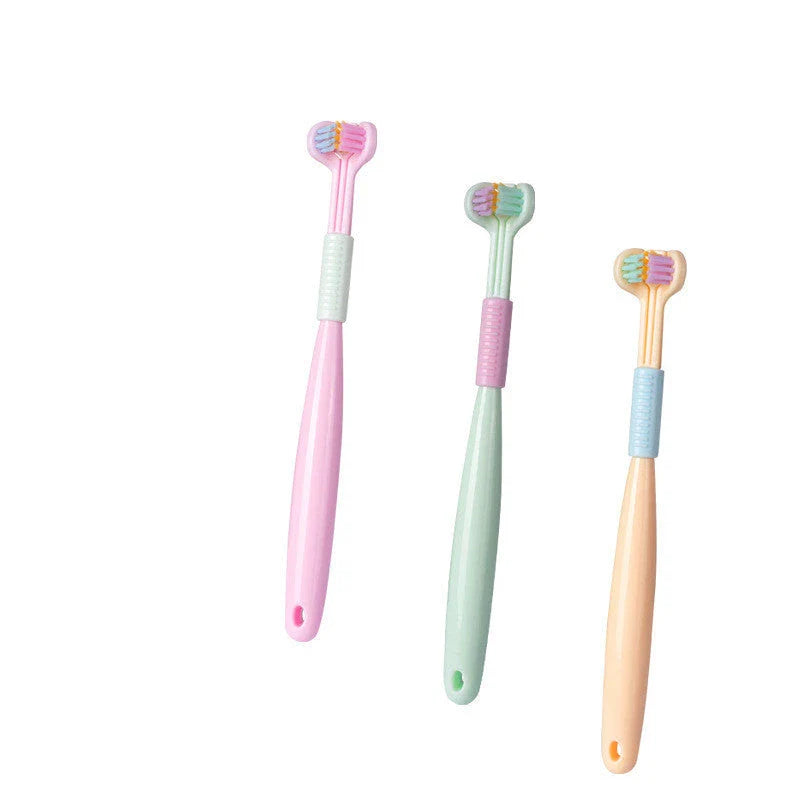 A soft bristle toothbrush with a unique triple-sided brush head for deep cleaning and customizable bristle firmness.