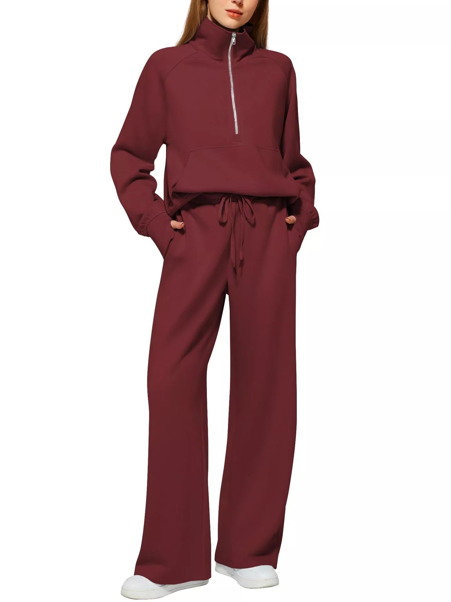 Women's solid colour long-sleeved sweater trousers suit in polyester, available in multiple colours and sizes.