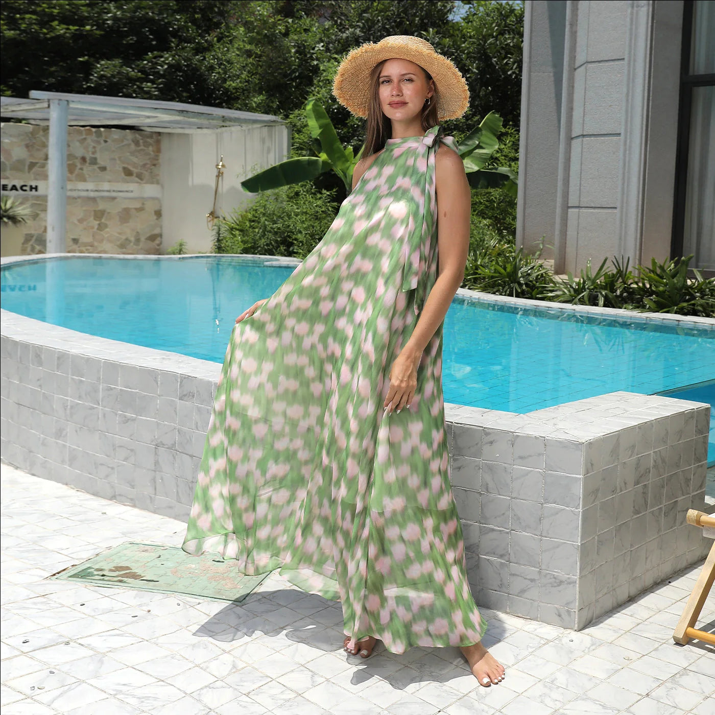Stylish women's printed polyester dress in vibrant green