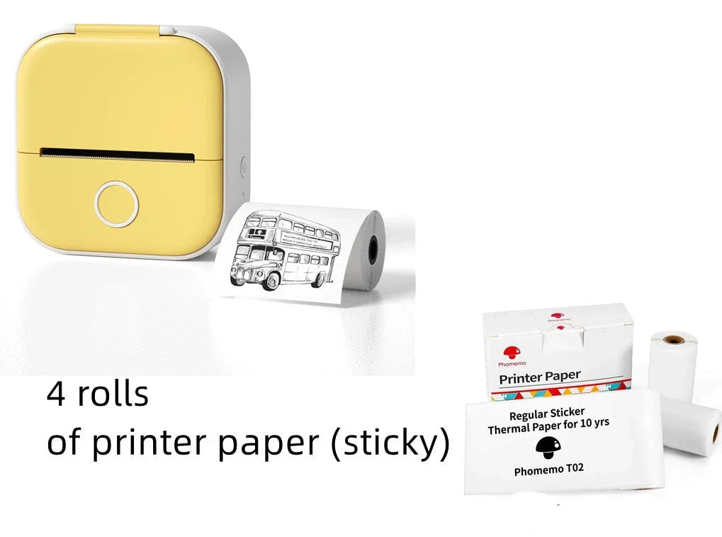 Compact Bluetooth-enabled thermal label printer in white, pink, and green colors with various label options