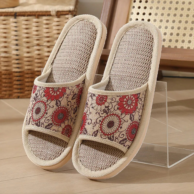 Women's open-toe linen slippers with thick sole in light brown colour.