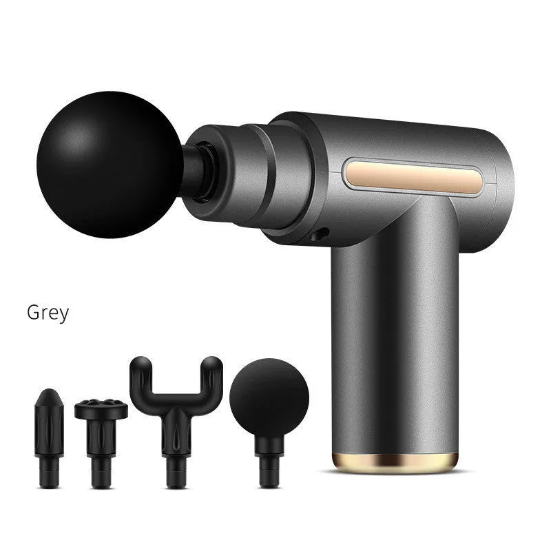 Black electric muscle massage gun with four different coloured massage heads on a grey background.