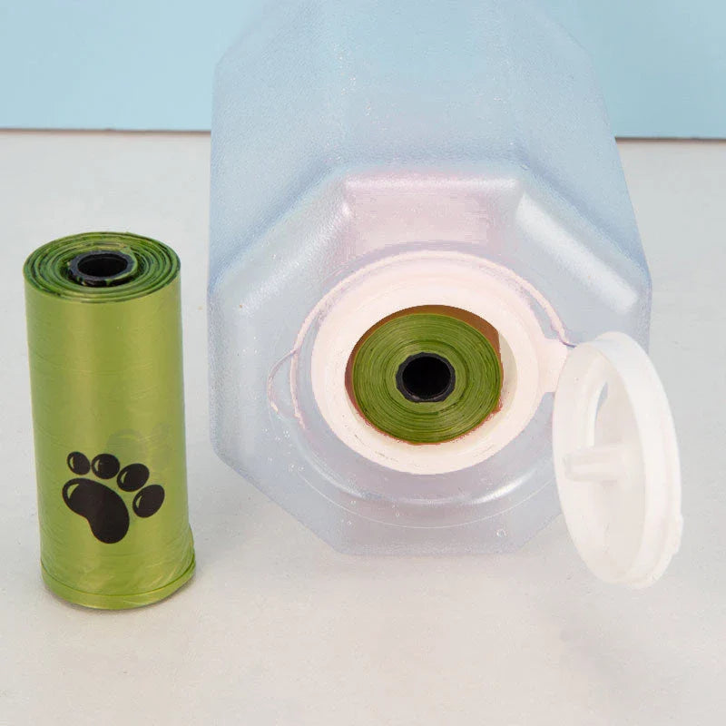 Multifunctional pet water bottle with built-in poop bag dispenser, available in turquoise, pink, and white colors