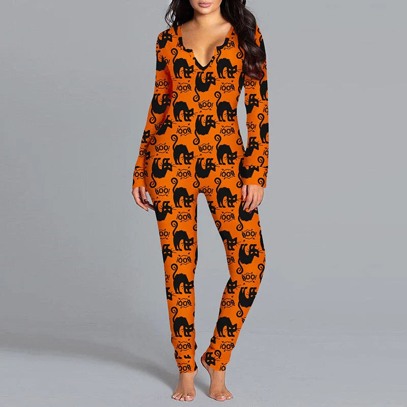 Cozy and stylish Halloween-themed pajama jumpsuit with long sleeves and a variety of color options