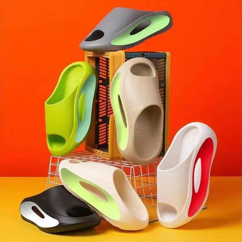 Stylish unisex beach slippers with peep-toe design in various colors including black, white, and khaki