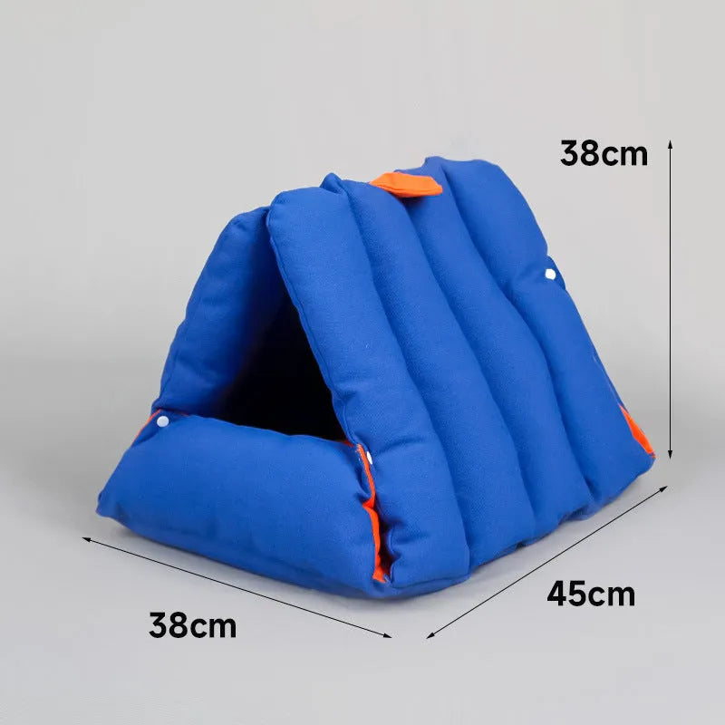 Blue triangular cat bed with drilled connectors and removable cotton cover