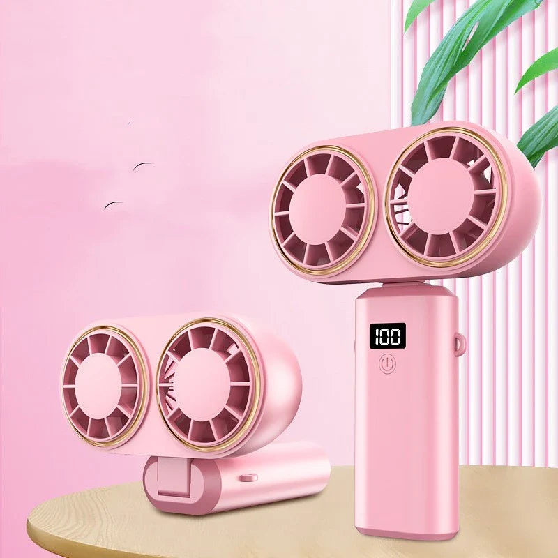 Portable USB-powered handheld fan with foldable design, adjustable speeds, and digital display