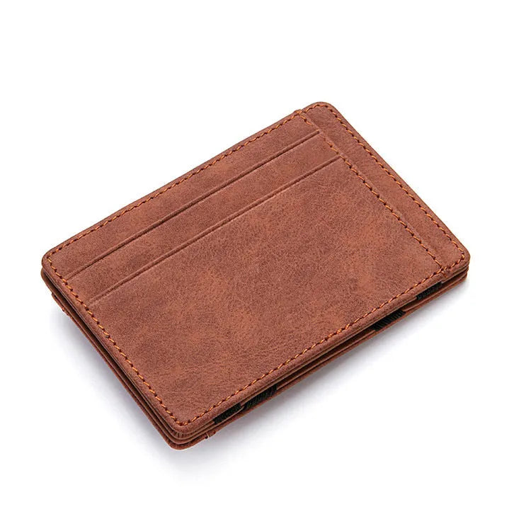 Solid colour PU leather magic wallet open to show flip card holder and zipper coin purse.