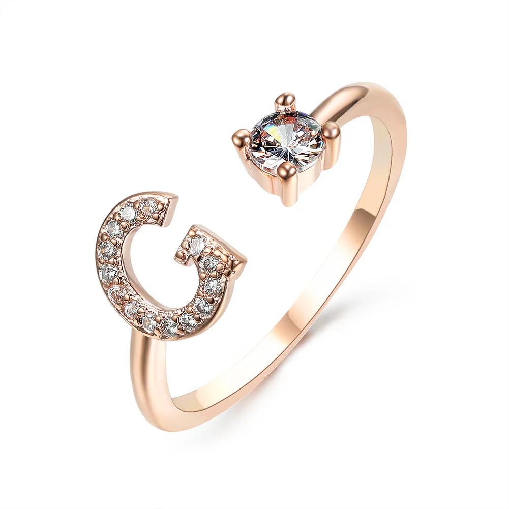 Personalized Initial Letter Crystal Ring with Adjustable Design in Gold, Silver, and Rose Gold Colors