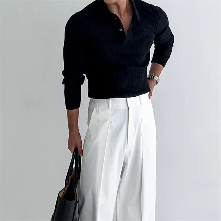 Stylish slim-fit men's knitted polo shirt in various colors, featuring a lapel button design for added sophistication