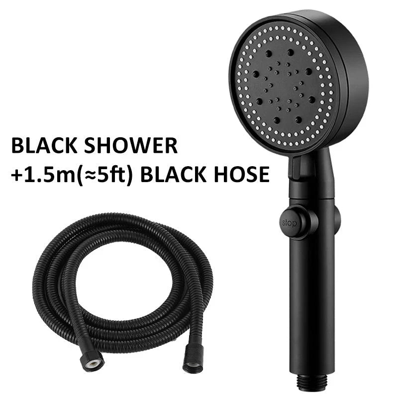 Premium 5-speed pressurized shower head with large water output, ABS construction, and modern minimalist design