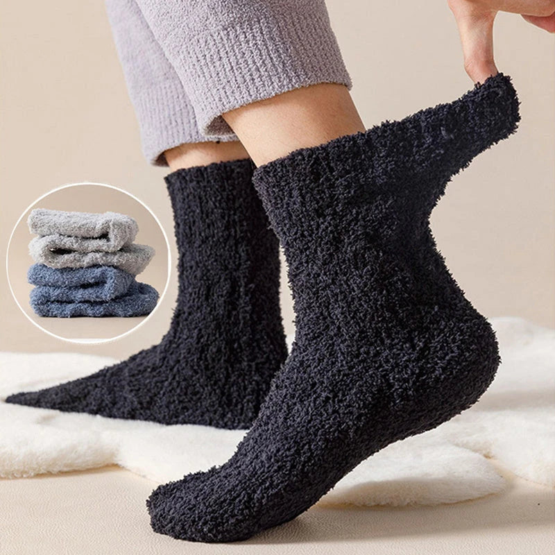 Plush coral fleece socks in various colors, designed for cozy and comfortable home wear