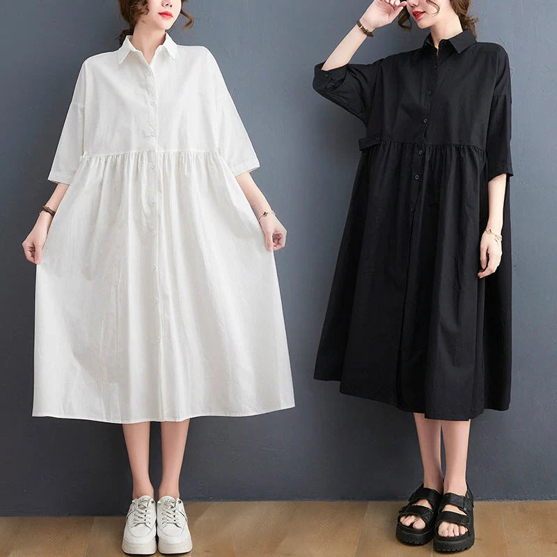 Casual loose fit linen short sleeve dress for women in white and black