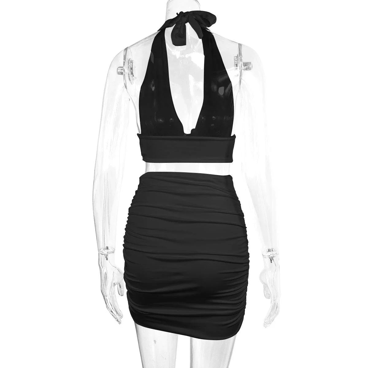 Elegant 2-piece dress suit featuring a halter lace-up top and pleated knee-length skirt in a variety of fashion colors