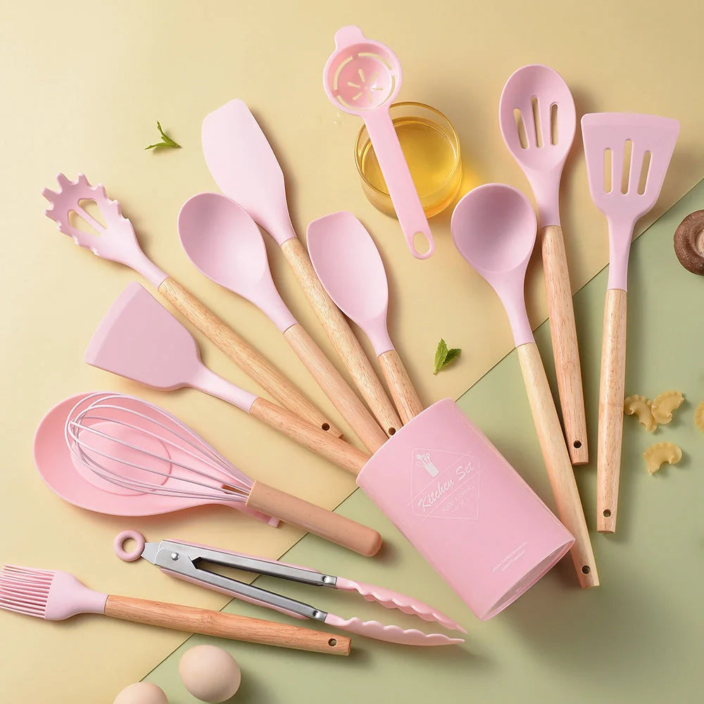 Premium silicone kitchenware set with wooden handle, ideal for cooking and baking