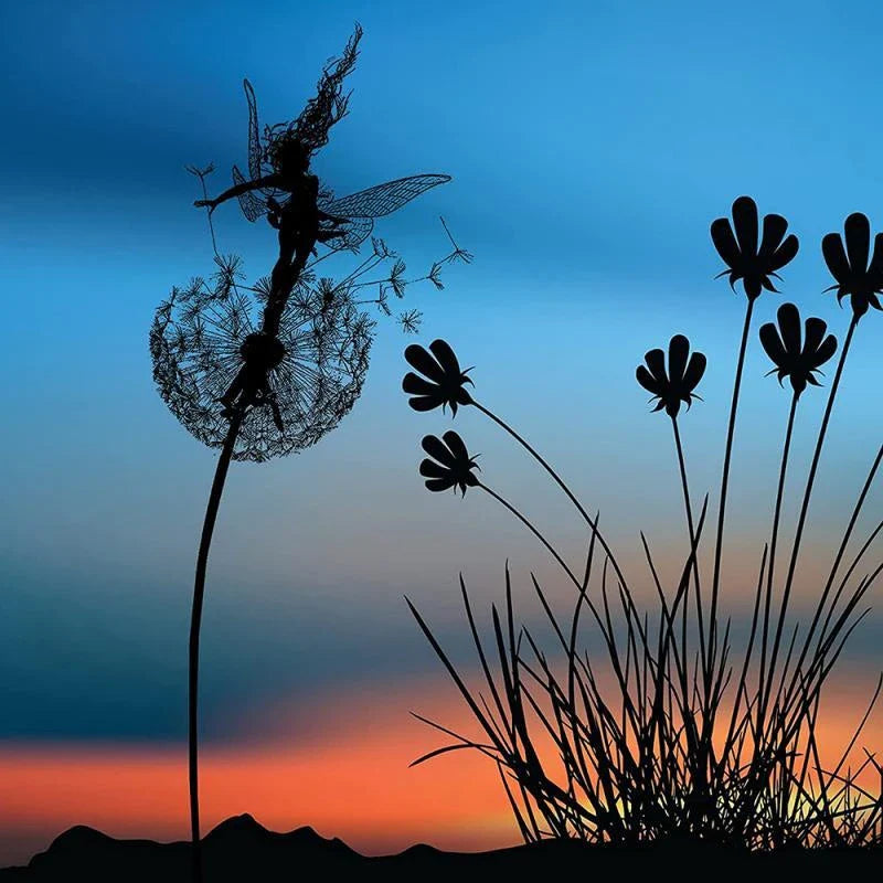 Enchanting fairy garden sculptures made of metal, featuring playful designs of fairies and pixies among dandelions and flowers.