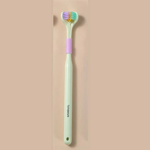A soft bristle toothbrush with a unique triple-sided brush head for deep cleaning and customizable bristle firmness.