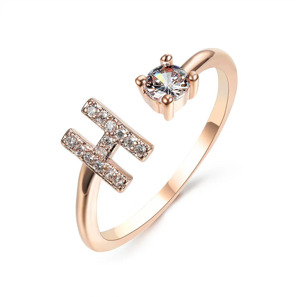 Personalized Initial Letter Crystal Ring with Adjustable Design in Gold, Silver, and Rose Gold Colors