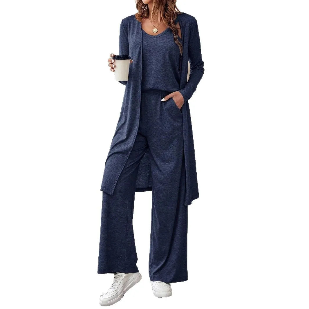 Solid blue three-piece suit with trousers, top, and suspenders in Japanese and Korean casual style