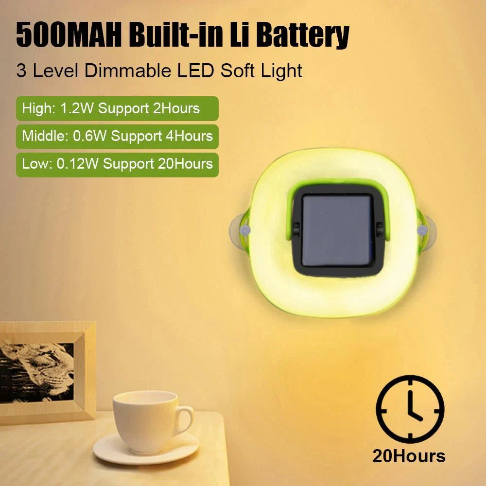 Compact and collapsible solar-powered camping lantern with adjustable brightness and IP68 waterproof rating