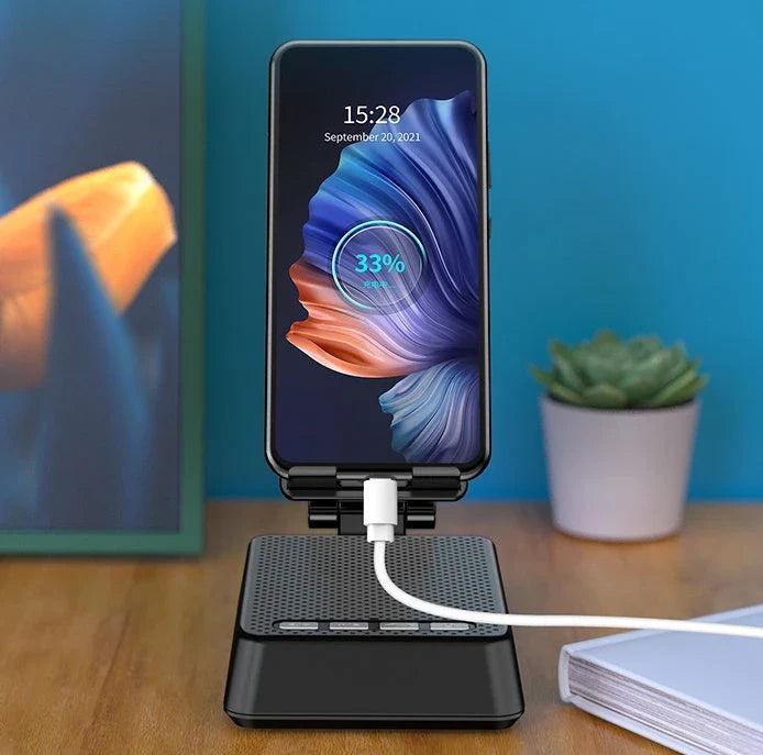 Hands-free mobile phone stand with Bluetooth speaker for remote work, video calls, and entertainment