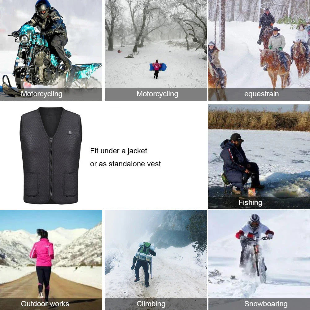 Outdoor heated vest for riding, skiing, and fishing activities with electric heating technology and durable construction
