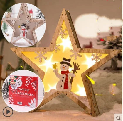 Wooden Christmas ornaments with luminous five-pointed star designs in various festive motifs, including snowmen and deer