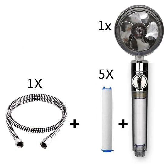 A high-pressure handheld shower head with a turbo-charged water flow and a cotton filter for a luxurious, spa-like bathing experience.