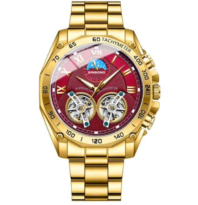 Men's hollow mechanical watch 11mm thick with visible movement and choice of gold, black steel, or white steel finish