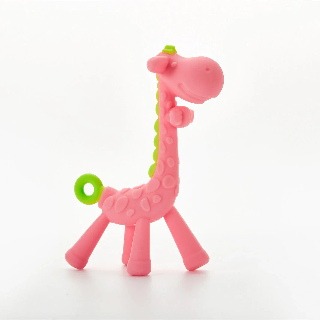 Adorable giraffe-shaped baby teether toy with multiple chewable parts for soothing sore gums