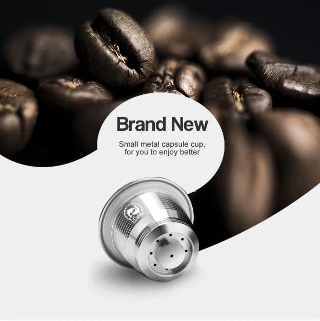 Premium stainless steel coffee capsule shells with a sleek square design, perfect for home, office, and cafe use.