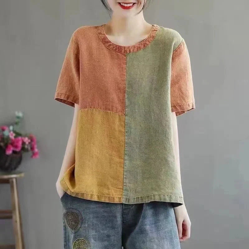 Cotton linen T-shirt for women with contrast colour collar and artistic design