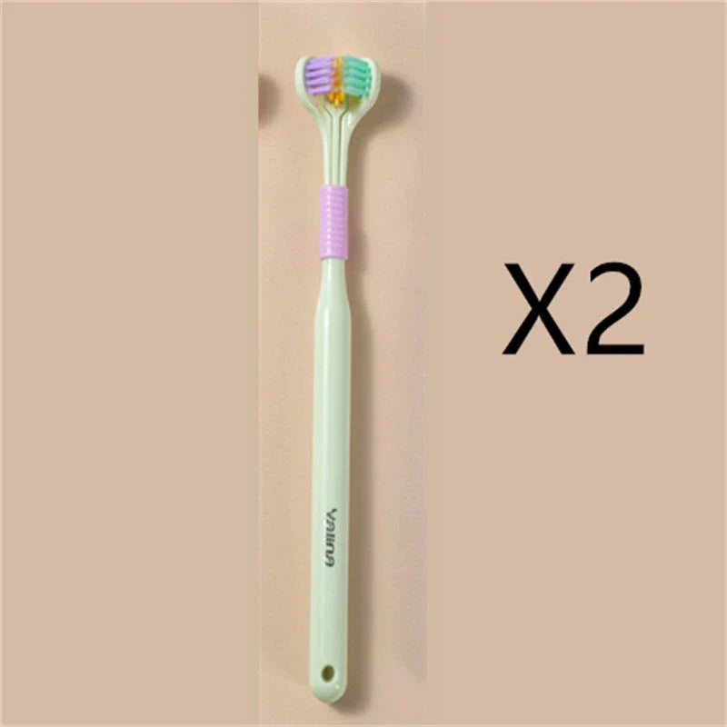 A soft bristle toothbrush with a unique triple-sided brush head for deep cleaning and customizable bristle firmness.