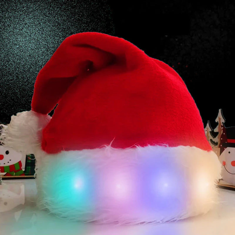 Plush Santa hat with LED lights that create a dazzling, color-changing display for festive holiday celebrations